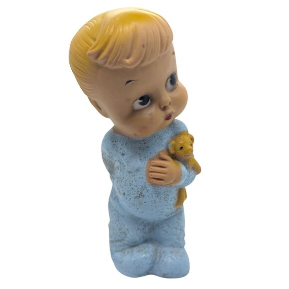 Vintage 1960s Kitchy Rubber Squeak Toy Boy With Teddy Bear & Pajamas - Picture 1 of 3